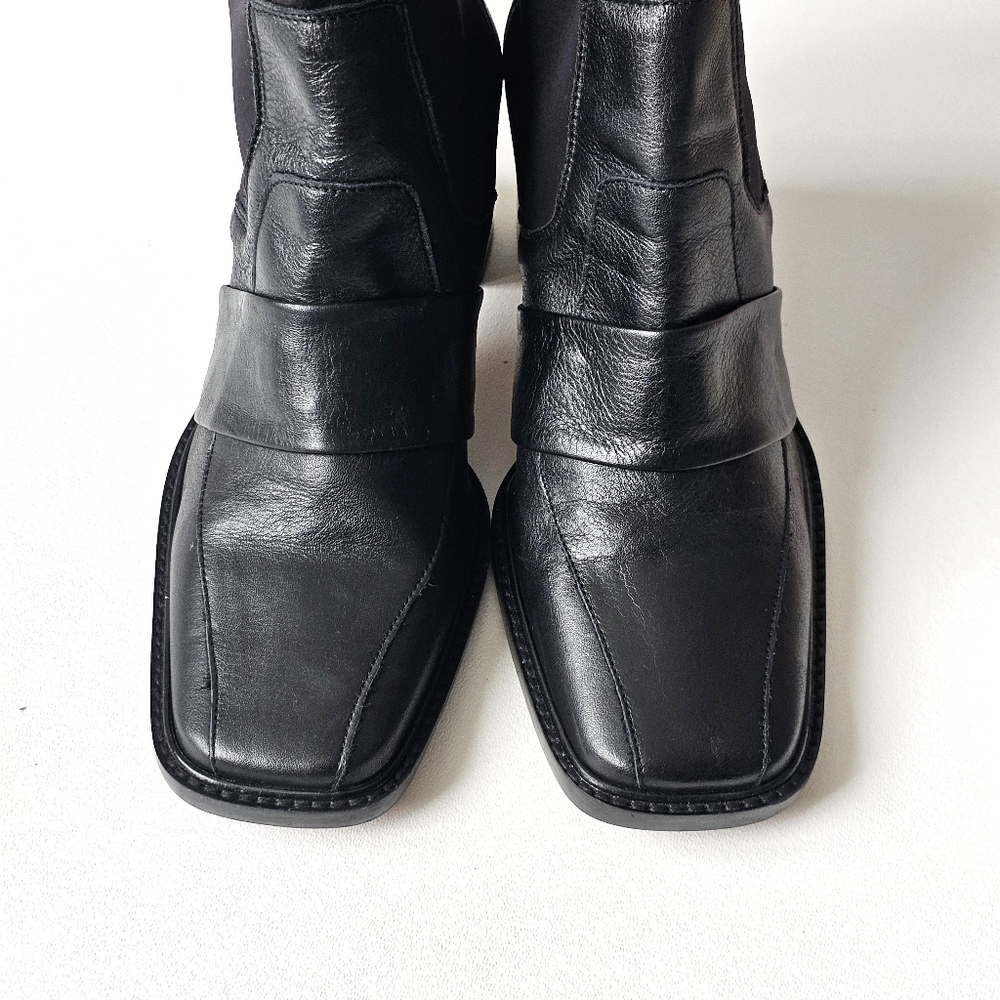 ASOS Black Leather Ankle Sock Boots Square Toe Block Heel Spain Made UK 7 US 9 - Picture 7 of 13